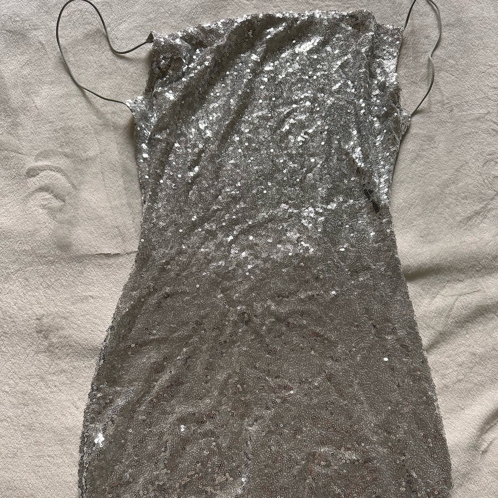 Silver open back mini dress
